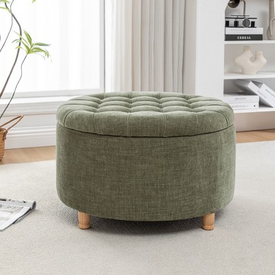 Wovenbyrd Prescott 28" Large Round Pintucked Storage Ottoman with Lift off lid