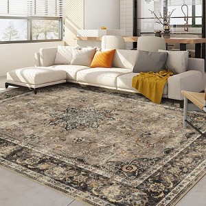 Area Rugs: Washable Non-Slip Floral Vintage Carpet, Foldable Low Pile Stain Resistant Rugs for Hallway, Living Room, Bedroom, Home, Camel - 1 of 4