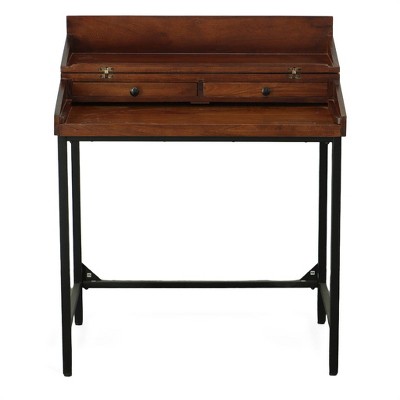 Chestnut Mango Wood Writing Desk with Black Iron Frame and Drawers