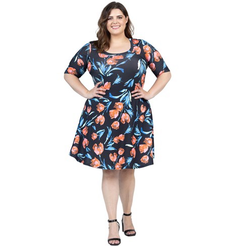 24seven Comfort Apparel Plus Size Black Floral Print Elbow Sleeve Knee  Length Dress : Target