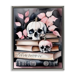 Stupell Industries Spooky Skull Book Stack Floating Frame Canvas Art, Gray, 17" x 21" - 1 of 4