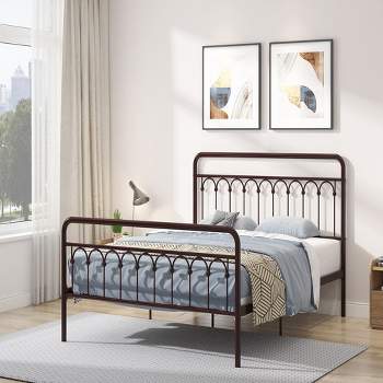 Metal Bed Frame, Queen Size Bed Frame With Thick Metal Tube, Metal Lath, Curved Headboard & Footboard Bed Frame