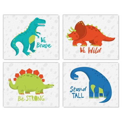 Big Dot of Happiness Roar Dinosaur - Unframed Dino Trex Nursery and Kids Room Linen Paper Wall Art - Set of 4 - Artisms - 8 x 10 inches