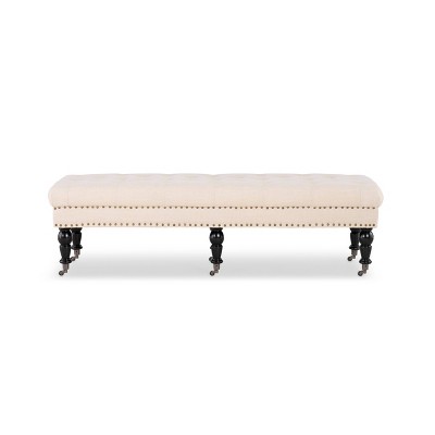 Isabelle 62'' Natural Linen Upholstered Bench with Bronze Nailheads