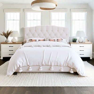 NicBex Upholstered Platform Bed Frame with Curved Tufted Headboard,Linen Bed Frame for Bedroom,Beige