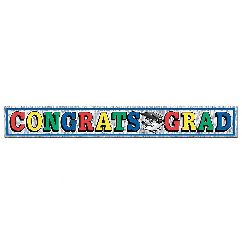 Beistle 8" x 5' Congrats Grad Fringe Banner Shiny Silver 4/Pack 50885, 1 of 2