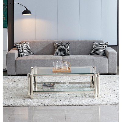 NicBex Modern Double-Layer Clear Tempered Glass Coffee Table with Stainless Steel Legs,Storage Center Table for Living Room