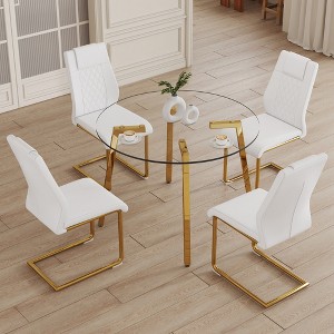 5-Piece Dining Set with Tempered Glass Round Table and 4 PU Armless Chairs - 1 of 4