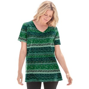 Woman Within Perfect Printed Short-Sleeve V-Neck Tee - 1 of 4