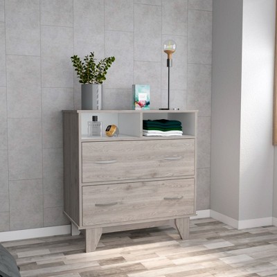 Depot E-Shop Two Drawer Dresser, Four Legs, Two Open Shelves, Superior Top