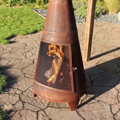 Rustic 70-Inch Brown Steel Wood-Burning Chiminea with Mesh Screen