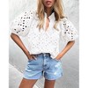 Women's Summer Tops Dressy Casual Short Lantern Sleeve V Neck Buttons Hollow Out Lace Embroidered Blouses Shirts - 4 of 4