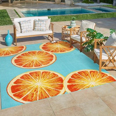 Bright Citrus Orange and Teal Flatweave Indoor/Outdoor Rug 8' x 10'