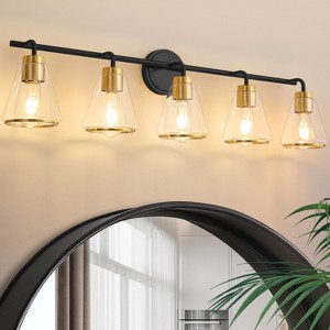 POWLIG 38.5-in 5-Light Modern Black Gold Dimmable Bathroom Vanity Light with Cone Clear Glass Shade - 1 of 4