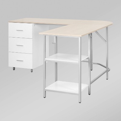 Sand Wood L-Shape Gaming Computer Desk with Drawer