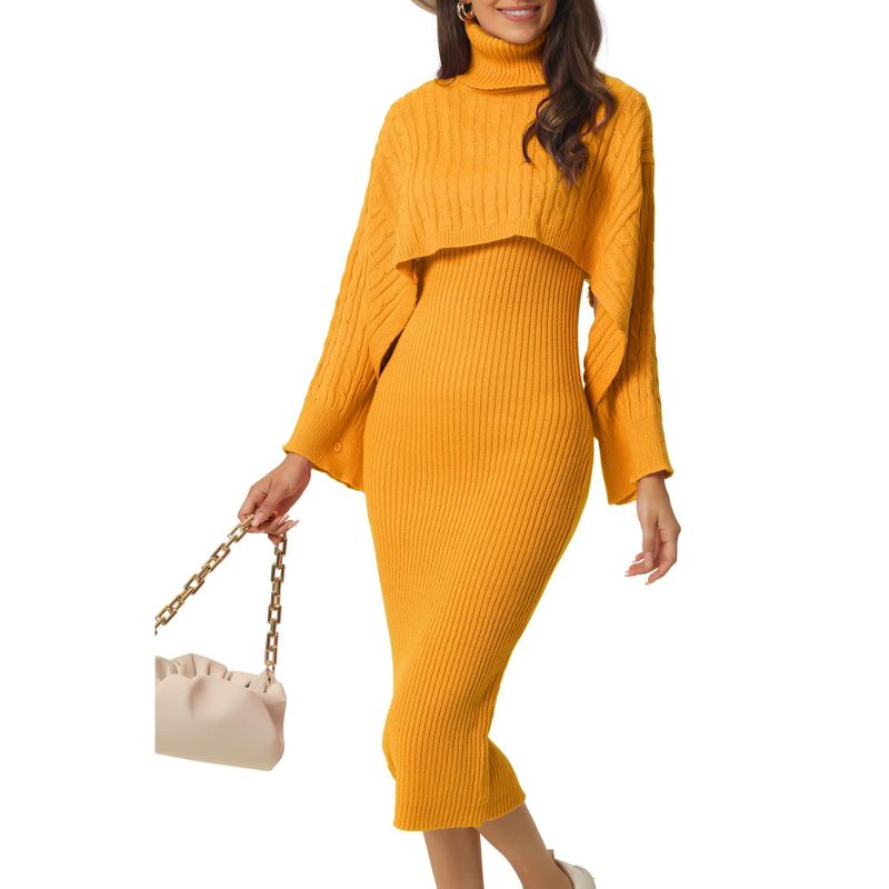 Seta T Women's Spring Fall 2 Piece Outfits Knitted Long Sleeve Turtleneck Sweaters with Tank Bodycon Midi Sweater Dress Set, 1 of 6