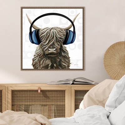 Highland Cow with Headphones Canvas Art Print, 22 x 22