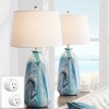 360 Lighting Carlton 28" Tall Modern Table Lamps Set of 2 WiFi Smart Socket Blue Marble Finish Living Room Bedroom Bedside Nightstand White Shade - 2 of 4