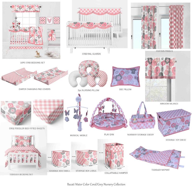 Bacati - Watercolor Floral Coral Gray 6 pc Girls Baby Crib Bedding Set with Long Rail Guard Cover 100% cotton fabrics, 3 of 12