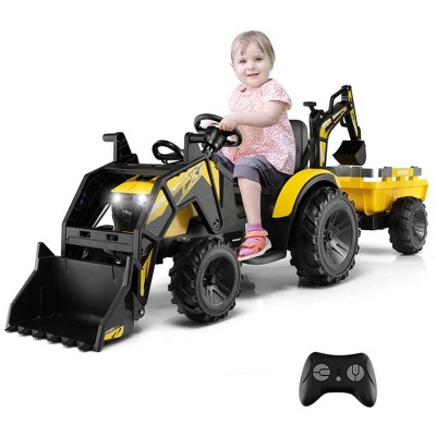 Costway 12V Kids Ride On Tractor with Trailer Ground Loader w/Remote  Control &LED Lights 