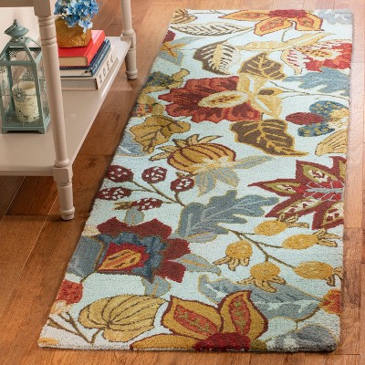 Blossom Blue and Multicolor Wool Floral Runner Rug, 2'3" x 10'