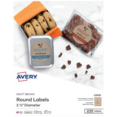 Avery Round Print-to-the-Edge Labels, 2 1/2" Dia., Brown Kraft, 225/Pk