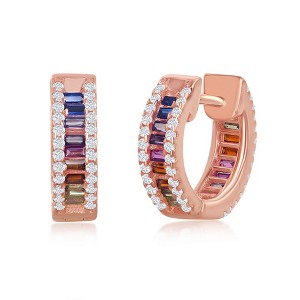 Bella Silver Sterling Silver Baguette Rainbow CZ Small Huggie Hoop Earrings - Rose Gold Plated - Multi - 1 of 3