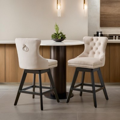 Velvet Swivel Bar Stool Set of 2,Counter Height Upholstered Rotating Barstools with Wood Legs,Footrest,Chrome Nailhead - Leovsnove