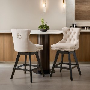 Leovsnove Velvet Swivel Bar Stool Set of 2,Counter Height Upholstered Rotating Barstools with Wood Legs,Footrest,Chrome Nailhead - 1 of 4