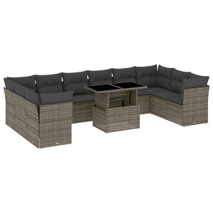 vidaXL 11 Piece Patio Sofa Set with Cushions Gray Poly Rattan - 1 of 4