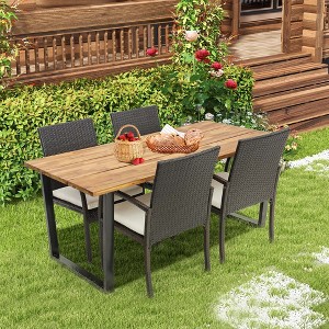 Costway 5 PCS Patio Rattan Dining Set Acacia Wood Table 4 Wicker Chairs with Umbrella Hole - 1 of 4