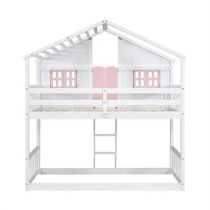 COWLOWN Twin over Twin House Bunk Bed with Roof Window Door Safety Guardrails Ladder Low Height Pine Wood Design - 1 of 4