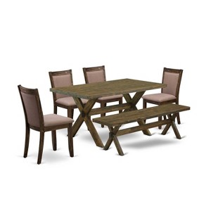 HomeStock 6-Piece Rectangle Distressed Jacobean Finish Solid Wood Top Dining Table with 1-Bench, 4-Chairs - 1 of 4