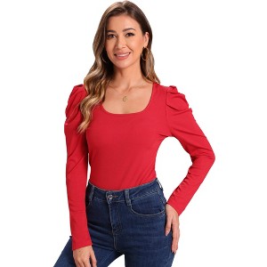 Allegra K Women's Puff Sleeve Square Neck Long Sleeve Casual Basic Ribbed Tunic Blouse - 1 of 4