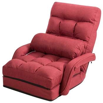 Costway Folding Floor Armchair w/ 6-position Adjustable Back & Lumbar Pillow Red\Grey