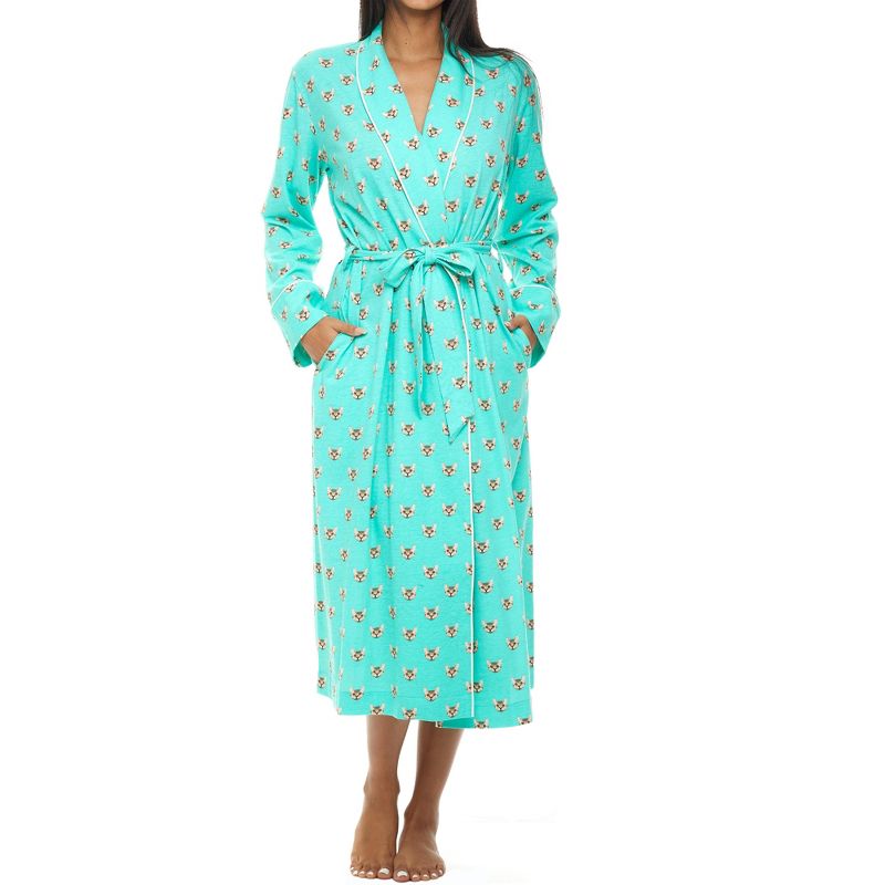 ADR Womens Soft Cotton Knit Jersey Lounge Robe with Pockets, Long Bathrobe Aqua Cats Small