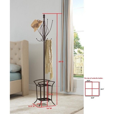 Bronze Metal Coat Rack with Umbrella Stand and Eight Hooks