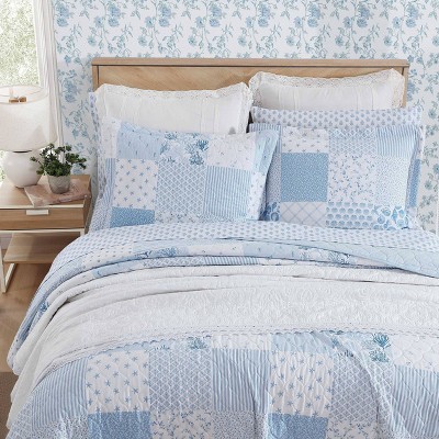 Full Blue Cotton Reversible Quilt Set with Shams