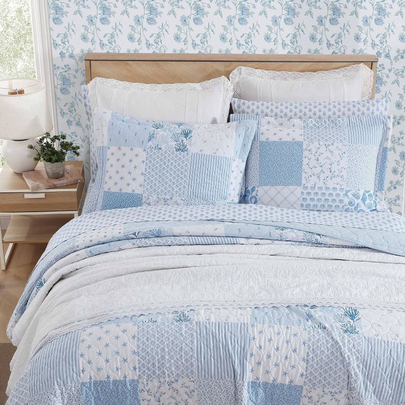Laura Ashley Colleens Coastal Patchwork 100% Cotton Quilt Set Blue, 5 of 9