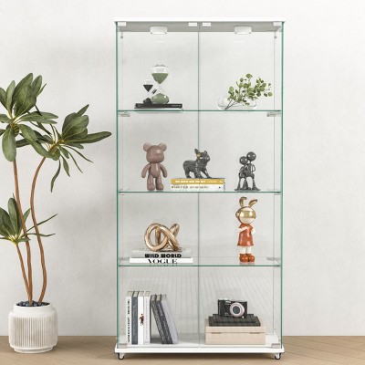 INFURNIC Decorative Bookshelf Modern Tempered Glass Display Cabinet with 2 Doors and 4 Shelves for Living Room, White, 32.09"*14.37"*64.25"