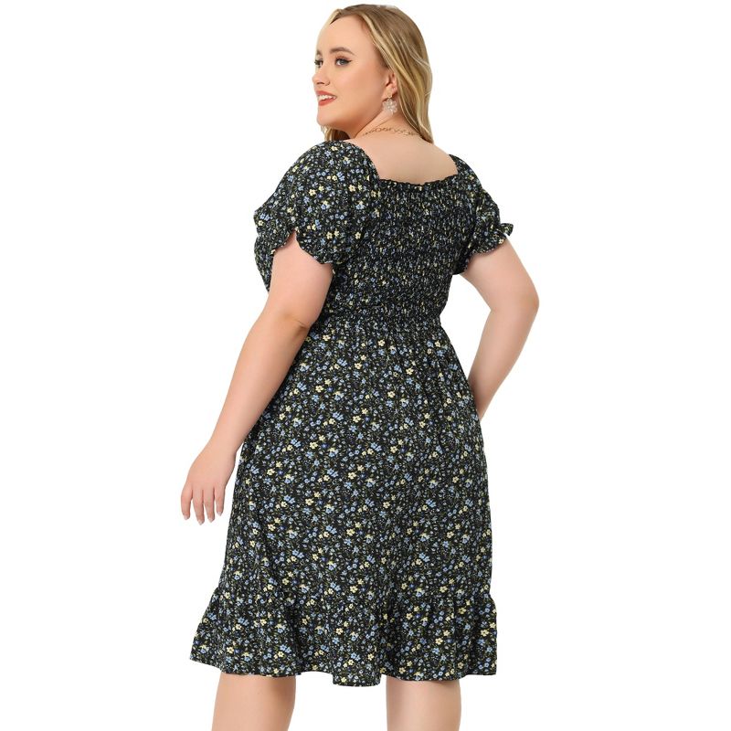 Agnes Orinda Women's Plus Size Flared Flowy Smock Ruffle Sleeve Floral Dresses, 4 of 7