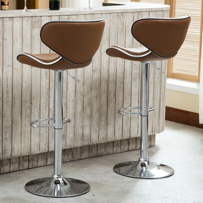 Camel Faux Leather Adjustable Swivel Bar Stools with Chrome Base, Set of 2