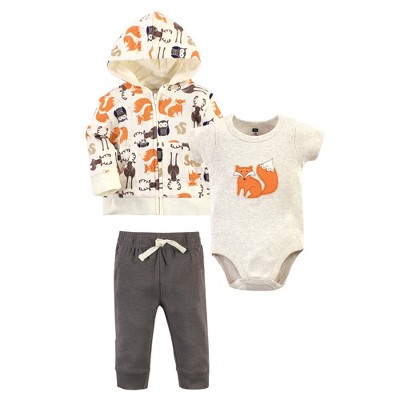 Hudson Baby Infant and Toddler Boy Cotton Hoodie, Bodysuit or Tee Top and Pant Set, Forest Baby