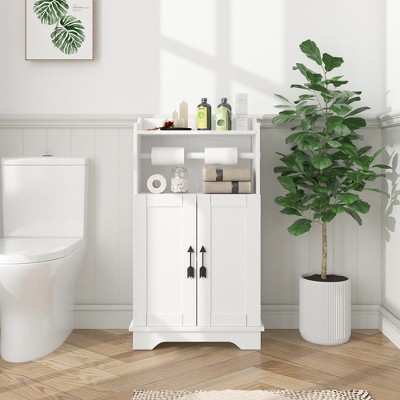 VECELO Bathroom Storage Cabinet Wooden Floor Cabinet with 2 Doors & Roll Toilet Paper Holder, Adjustable Shelf, White