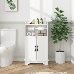 VECELO Bathroom Storage Cabinet Wooden Floor Cabinet with 2 Doors & Roll Toilet Paper Holder, Adjustable Shelf, White - 1 of 4