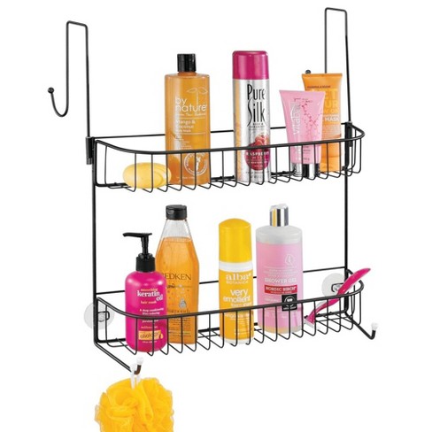 mDesign Steel/Plastic 2-Tier Bathroom Organizer Corner Shelf - Clear/Matte  Black