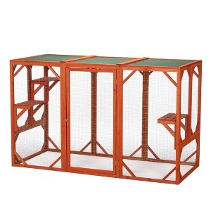 Sevobal Pet Crates and Houses Large Wooden Cat House, Outdoor Cat Cage with Water-proof Asphalt Planks and Cat Perches, Orange, 70.9"*31.5"*44.3" - 1 of 4