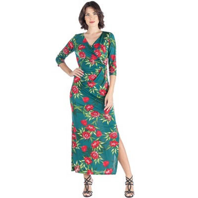 24seven Comfort Apparel V Neck Green Floral Maxi Wrap Dress