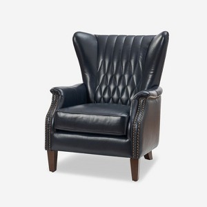 Wallace Genuine Leather Armchair with Nailhead Trims and Solid Wood Legs丨HULALA HOME-NAVY - 1 of 4