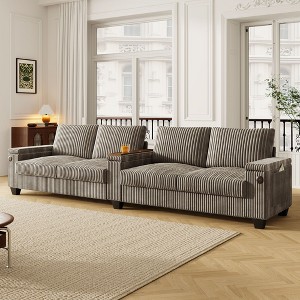 4-seater Corduroy Sofa Couch 133" Modern Sofa with USB Ports, Hidden Storage Arms, Flip-Top Cup Holders for Living Room, Black - 1 of 4